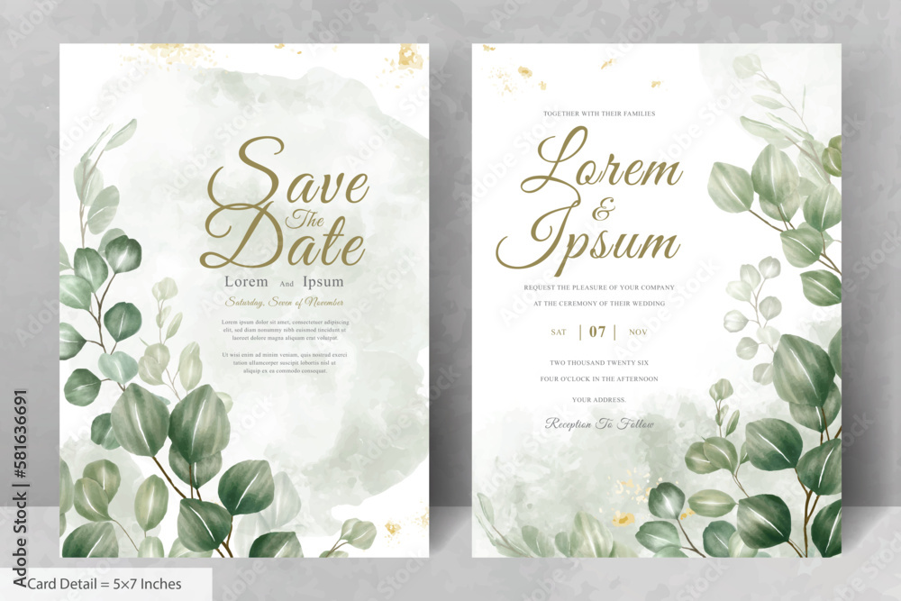Set of Elegant Wedding Invitation Template with Eucalyptus Leaves