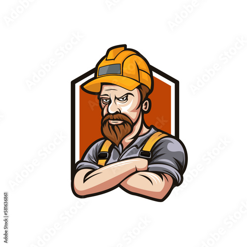 Wallpaper Mural Contractor Mascot Logo Design, Construction worker cartoon character emblem, Building with Confidence. vector illustration Torontodigital.ca