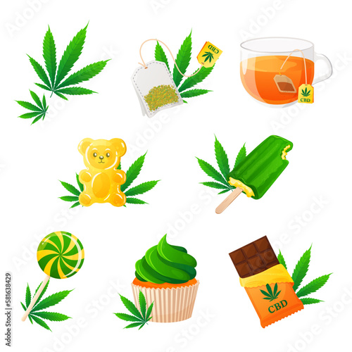 Products set with cannabidiol, marijuana leaf, CBD for healthcare. Medical cannabis marijuana. 
Collection of hemp products. Vector illustration cartoon flat icon.