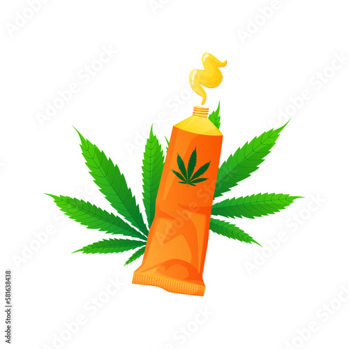 Cream tube with cannabidiol and medical cannabis marijuana leaf. CBD for healthcare. Vector illustration cartoon flat icon.