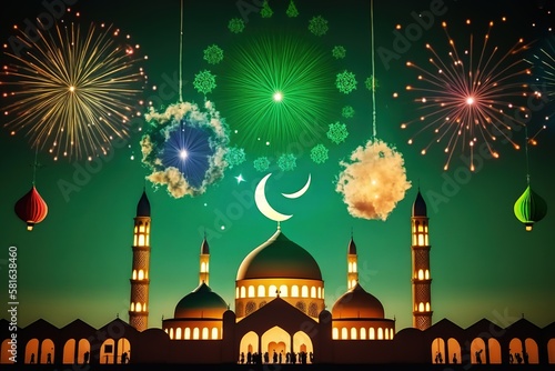 ramadan hari raya design with mosque and moon