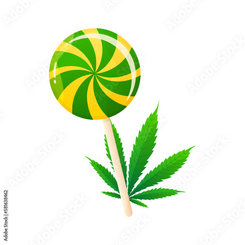 Lollipop with cannabidiol and medical cannabis marijuana leaf. CBD for healthcare. Vector illustration cartoon flat icon.