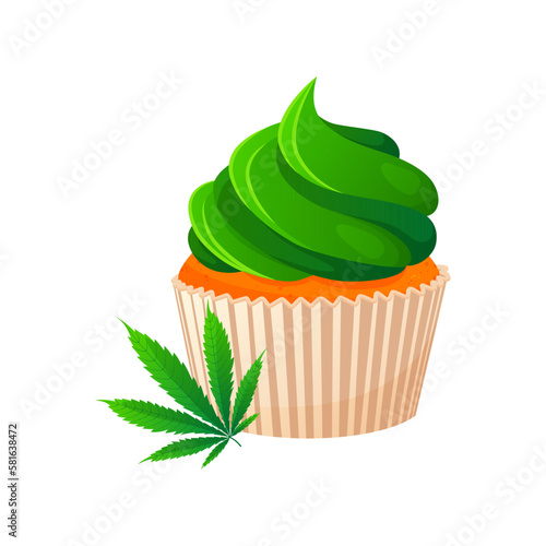 Cupcake with cannabidiol and medical cannabis marijuana leaf. CBD for healthcare. Vector illustration cartoon flat icon.