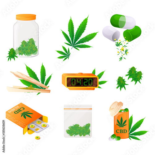 Products set with cannabidiol, marijuana leaf, CBD for healthcare. Medical cannabis marijuana. 
Collection of hemp products. Vector illustration cartoon flat icon.