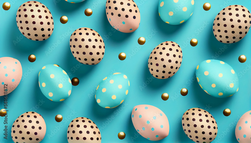 A colorful easter egg with polka dots on a blue background Generative ai