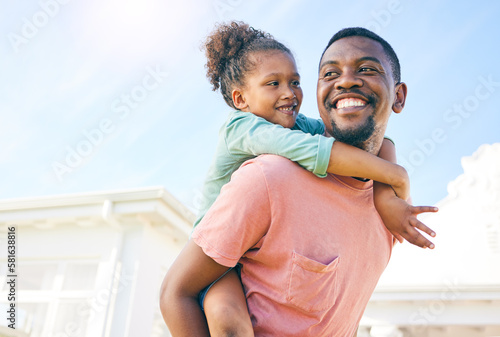 фотографія Mockup, piggy back and black father with girl, outside new house and playful family with love and happiness