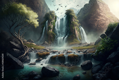 A breathtaking wallpaper of a waterfall cascading down a cliff surrounded by lush greenery.