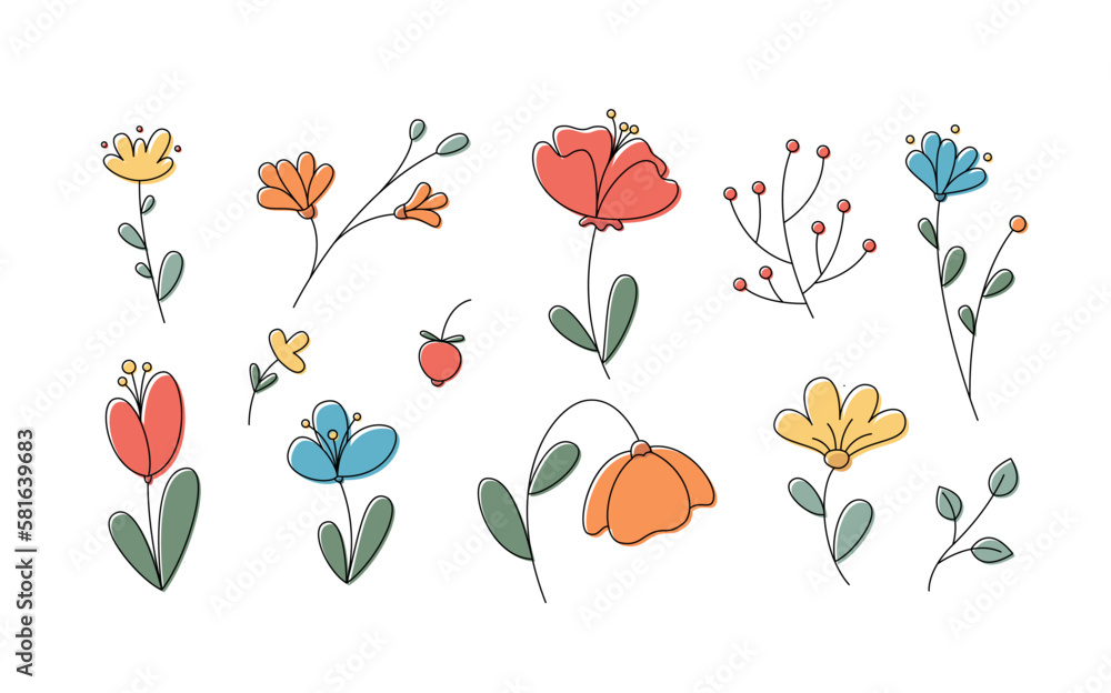 Cute Vector Flowers Collection. Cartoon Doodle Blossom Set. Spring and Summer Design Elements.