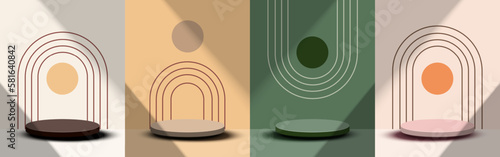 Set of Abstract studio with blank circle pedestal for product display, decor Boho pattern wall background. Rainbow line art and Sun shape. Vector illustration.