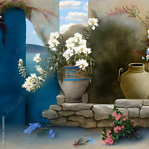 still life with flowers meditarrean style greek photo