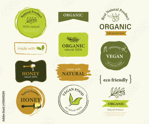 Organic label, natural label, organic banner with hand drawn stain brush watercolor painting. Sticker and badge organic logo vegan food mark.