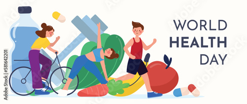 World health day concept, 7 April, background vector. Hand drawn vibrant doodle style of people working out, exercise, sport, medicine, diet food. Design for web, banner, campaign, social media post.