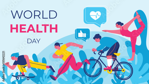 World health day concept, 7 April, background vector. Hand drawn doodle style of people working out, yoga exercise, skateboard, text chat elements. Design for web, banner, campaign, social media post.