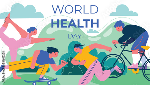 World health day concept, 7 April, background vector. Hand drawn comic doodle style of people working out, yoga exercise, skateboarding, cycling. Design for web, banner, campaign, social media post.