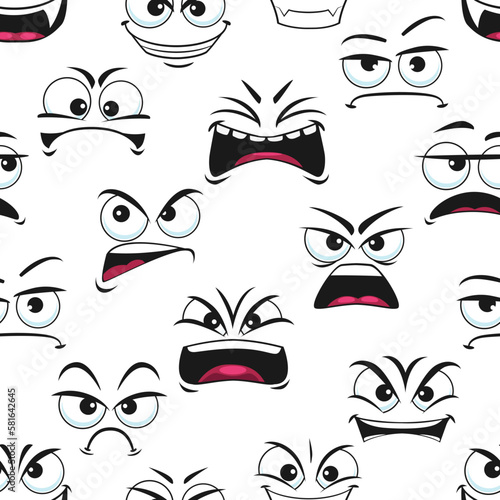 Cartoon angry and sad faces seamless pattern. Vector background with grumble negative emoji, grouse characters with evil eyes and yelling mouth. Griper unhappy facial expression, growl comic personage