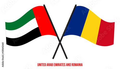 United Arab Emirates and Romania Flags Crossed And Waving Flat Style. Official Proportion.
