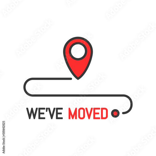 Have move icon or we have moved sign for office new location and address change, line vector. Business office new place or we have moved information sign with location pin point