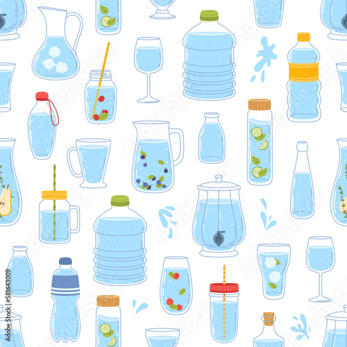 Seamless pattern with glass and plastic water bottle or containers, vector background. Drink cups and beverage jugs, soda glass cup, beer and wine, juice pitcher or tea mug and carafe bottles pattern