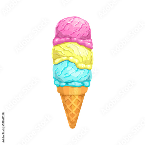 Cartoon ice cream cone with three scoops, vector food and summer dessert. Triple scoop ice cream, gelato or frozen yogurt with strawberry, vanilla and mint flavors in sugar waffle cone