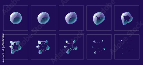 Animated bubble burst. Game sprite animation sequence sheets of vector cartoon soap ball or water sphere with rainbow reflection exploding with foam splashes and drops. Bubble explosion animation