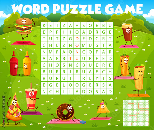 Word search puzzle quiz game, cartoon fast food yoga characters, vector worksheet. Cheeseburger, burrito and enchilada with pizza and donut on fitness sport in kids word search game grid