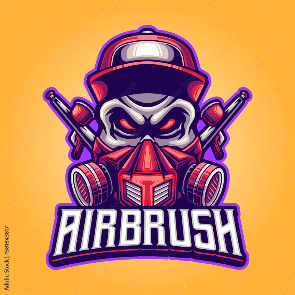 Head skull with gas mask and airbrush mascot logo template