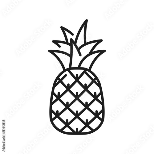 Ananas or pineapple tropical fruit isolated thin line icon. Vector exotic pineapple with leaves, tropical food snack. Summer juicy vegetarian ripe dessert