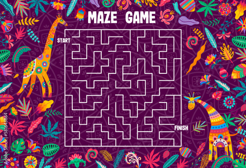 Labyrinth maze game help to giraffe to find his friend. Kids vector boardgame worksheet with cartoon funny african animals trying to search correct pathway. Puzzle with tangled path, start and finish