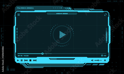 HUD video player futuristic interface, vector multimedia screen frame. HUD video player template layout with controls and navigation buttons of play and pause for video media and online live streaming