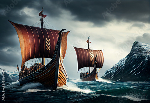 Illustration of Viking shipis in a northern climate. Generative AI. photo