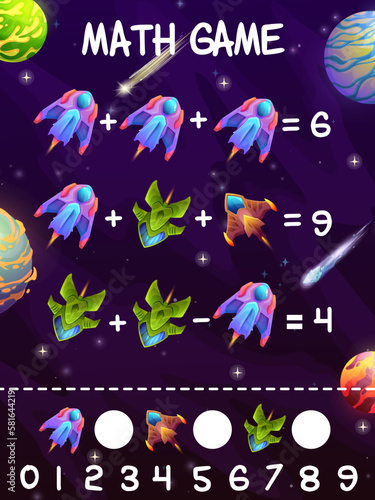 Starcrafts and spaceships in galaxy math game worksheet. Educational vector maze with cartoon starship engines. Learn to count teaser for mathematics skills development. Numeracy riddle for kids