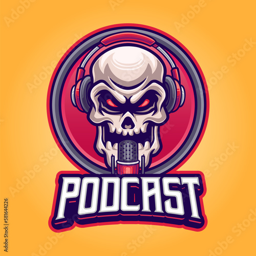 Skull head with microphone and headphone for podcast, radio, broadcasting logo template