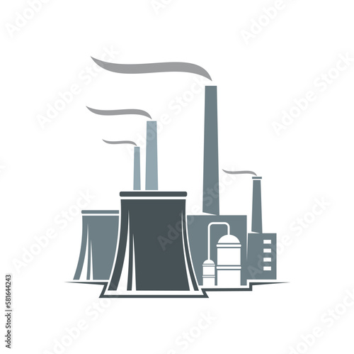 Factory icon, power plant building, engineering and energy industry vector business sign. Chemical manufacture or industrial factory with chimney pipe and smoke, oil and gas technology company symbol