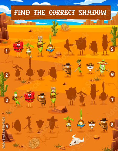 Shadow matching game cartoon cowboy and bandit vegetable characters. Kid vector puzzle quiz with funny western personages bell pepper, olive and corn. Onion, bean, potato, mushroom in wild west desert