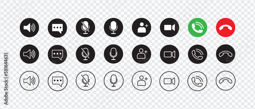 Video call icon set for conferencing and chat UI. Transparent buttons with modern design for video calls and instant messengers. Vector illustration.