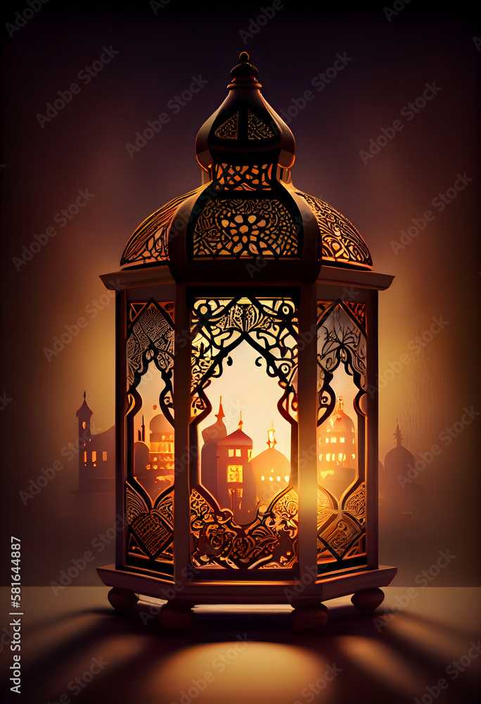 Lanterns stands in the desert at night sky, lantern islamic Mosque, crescent moon Ramadan Kareem themed illustration background	