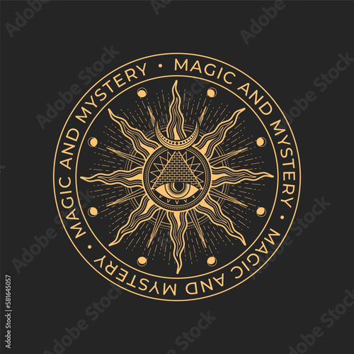 Magic and occult, mason alchemy icon. All seeing eye, pyramid and sun magic tattoo or vector emblem. Occultism spiritual or religion sign, tarot symbol. Occult seal, mason esoteric circle icon
