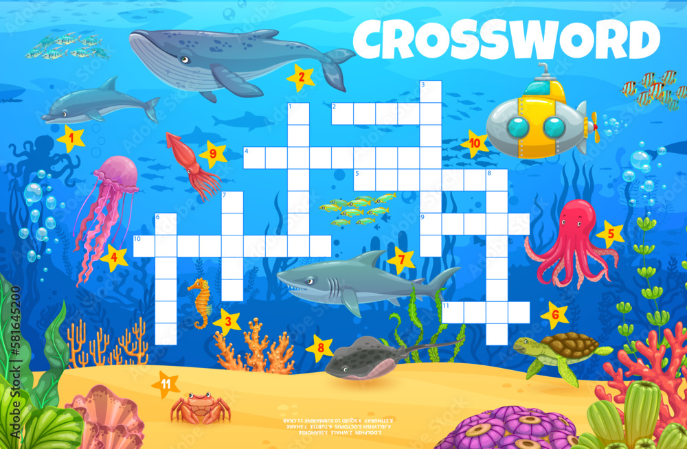 Cartoon underwater landscape and animals crossword quiz game grid
