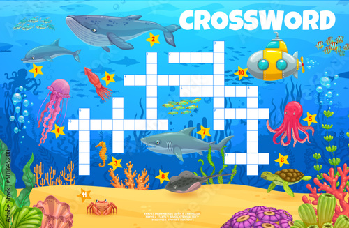 Cartoon underwater landscape and animals crossword quiz game grid. Vector puzzle with whale, dolphin, seahorse, jellyfish and octopus. Shark, turtle, stingray or squid with crab or submarine worksheet