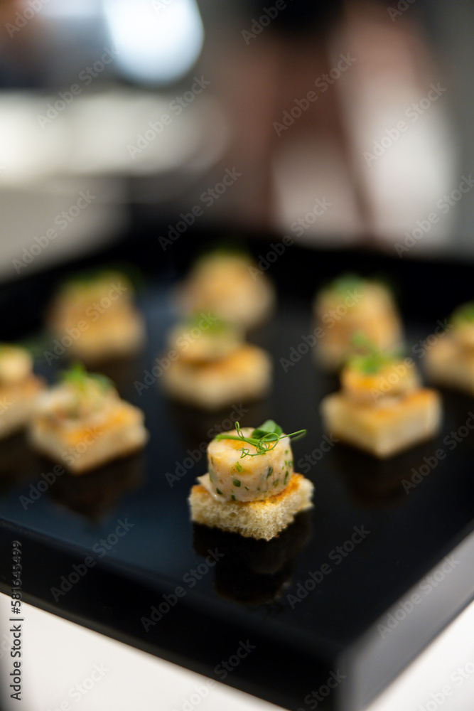 The waiter holds a Set of festive appetizer canapes on bread on a black tray as an event dish. Buffet table. Catering. Delicacy. Haute cuisine. The waiter holds a Set of festive appetizer canapes on bread on a black tray as an event dish. Buffet table. Catering. Delicacy. Haute cuisine.