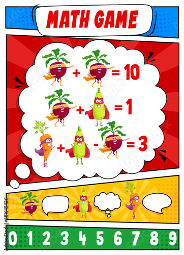 Math game worksheet cartoon vegetable superhero characters. Vector mathematics riddle with super hero comics radish, squash and carrot personages. Children education and learning arithmetic quiz