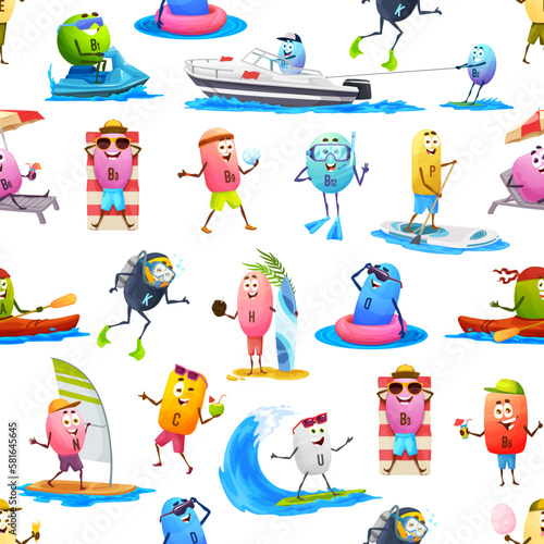 Cartoon vitamin characters on summer vacation seamless pattern. Textile background or vector print with surfing, diving and swimming A, B, C, D vitamins, nutrition supplements pills cute personages