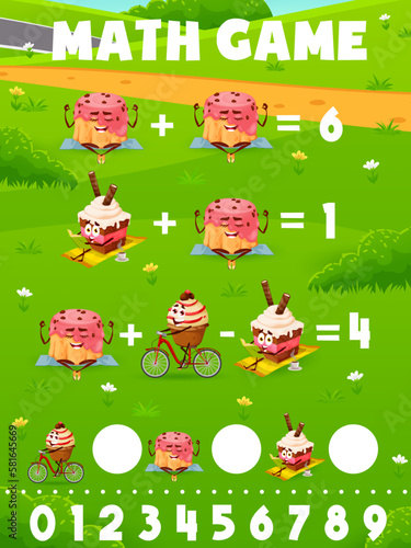 Cartoon dessert, cake and pancake characters math game worksheet. Vector arithmetic learning task, mathematics riddle for children education with funny pastry sweets personages summertime activities