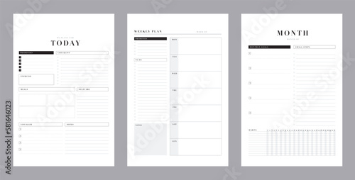3 set of Daily, week, monthly planner. Minimalist planner template set. Vector illustration.