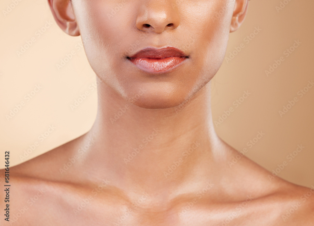Skincare, face and mouth of a woman with a glow isolated on a studio background. Beauty, makeup and a girl glowing from cosmetics, healthy skin and results from dermatology treatment on a backdrop Skincare, face and mouth of a woman with a glow isolated on a studio background. Beauty, makeup and a girl glowing from cosmetics, healthy skin and results from dermatology treatment on a backdrop