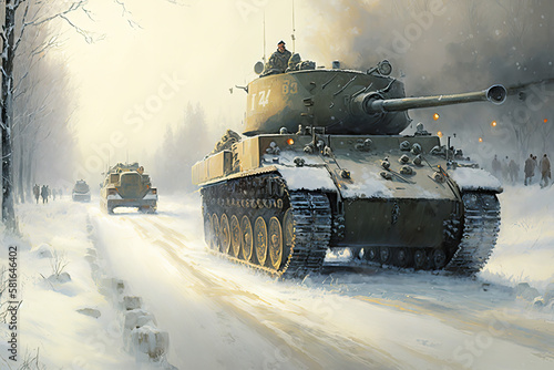 Tanks convoy on a snowy road, generative AI