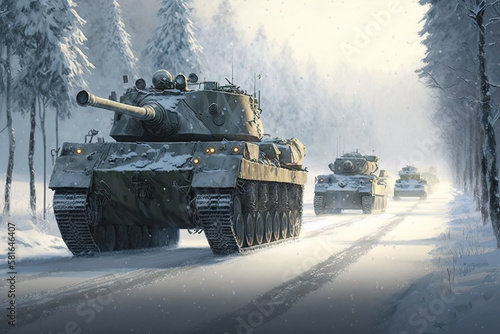 Tanks convoy on a snowy road, generative AI