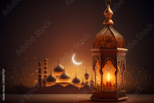 Ornamental Arabic lantern with burning candle glowing Ramadan Kareem made with Generative AI