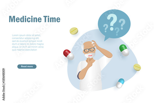 Senior man with doubt manner forget time to take medicine. Memory loss, alzheimer and medical pharmaceutical for elderly concept. Vector.