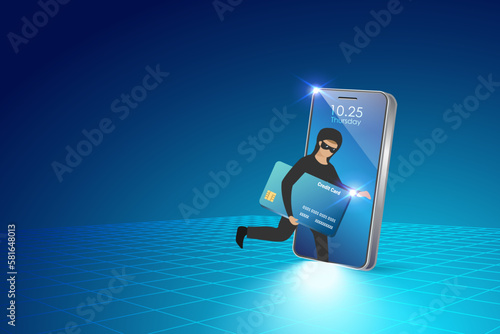 Hacker stealing credit card from mobile online transaction.  Cyber crime attack against digital security system technology. 3D vector.